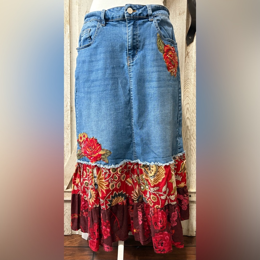 Boho Denim Midi Skirt with Red Floral Ruffle - Picture 1 of 4